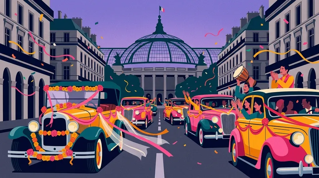 Illustration façon affiche : un cortège de voitures décorées de fleurs et de rubans traversant une avenue parisienne, klaxons, henné et musique, sans mariés.