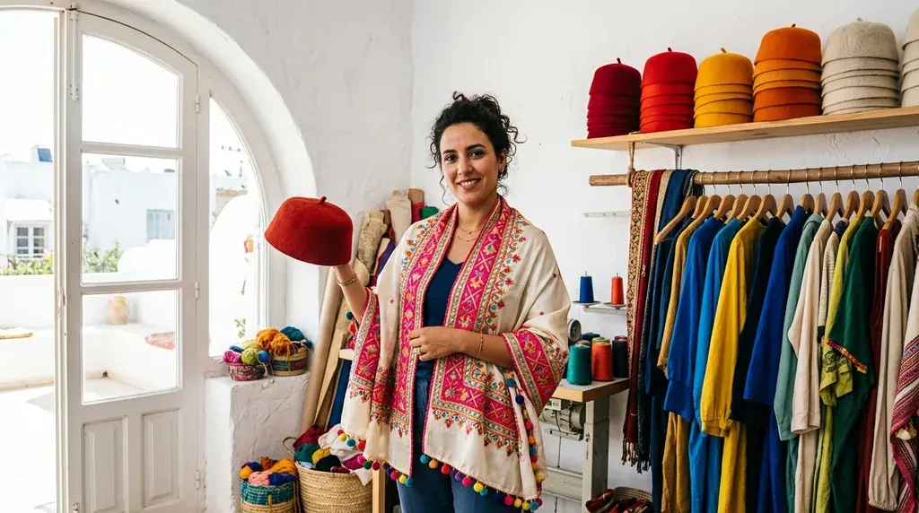 Photographie éditoriale : une jeune créatrice tunisienne dans son atelier blanc, brandissant une chéchia de laine rouge vif, vêtue d'un sefseri brodé de rose et de pompons.