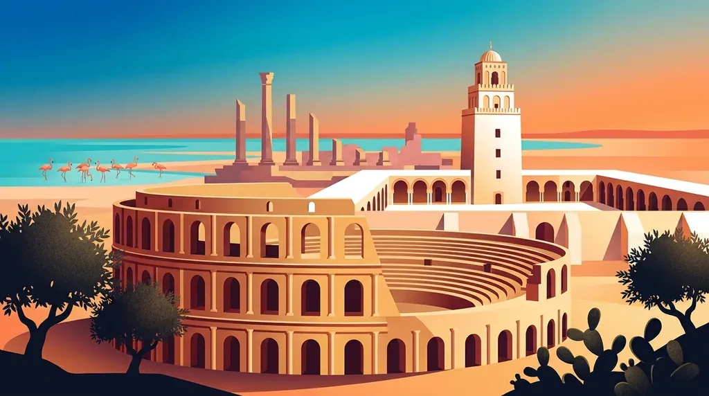 Affiche de voyage moderne : l'amphithéâtre d'El Jem, les arcades de Kairouan et les colonnes de Carthage superposés sous un ciel turquoise et orange.